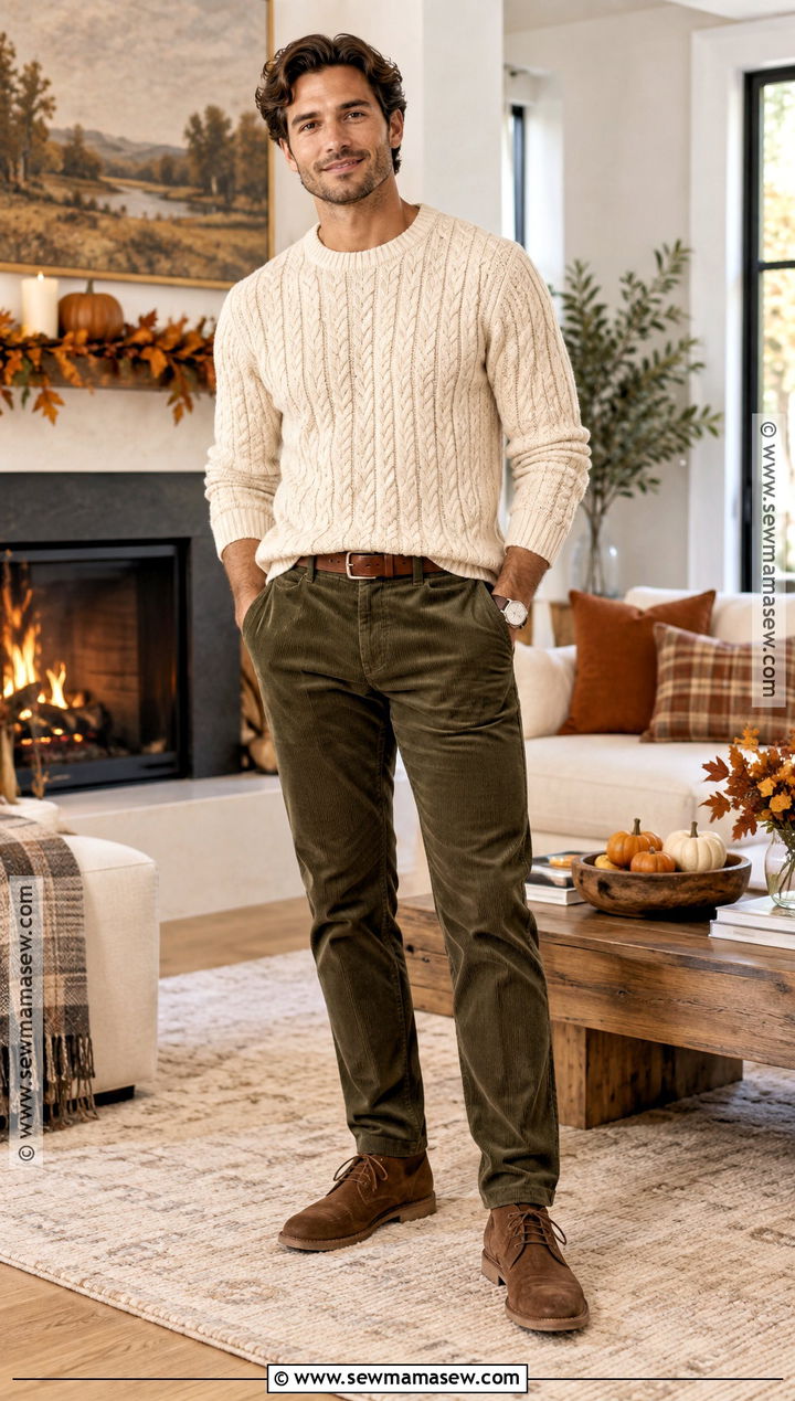 Thanksgiving Outfit With Cable Knit Sweater and Corduroy Pants - 20 thanksgiving outfits for men
