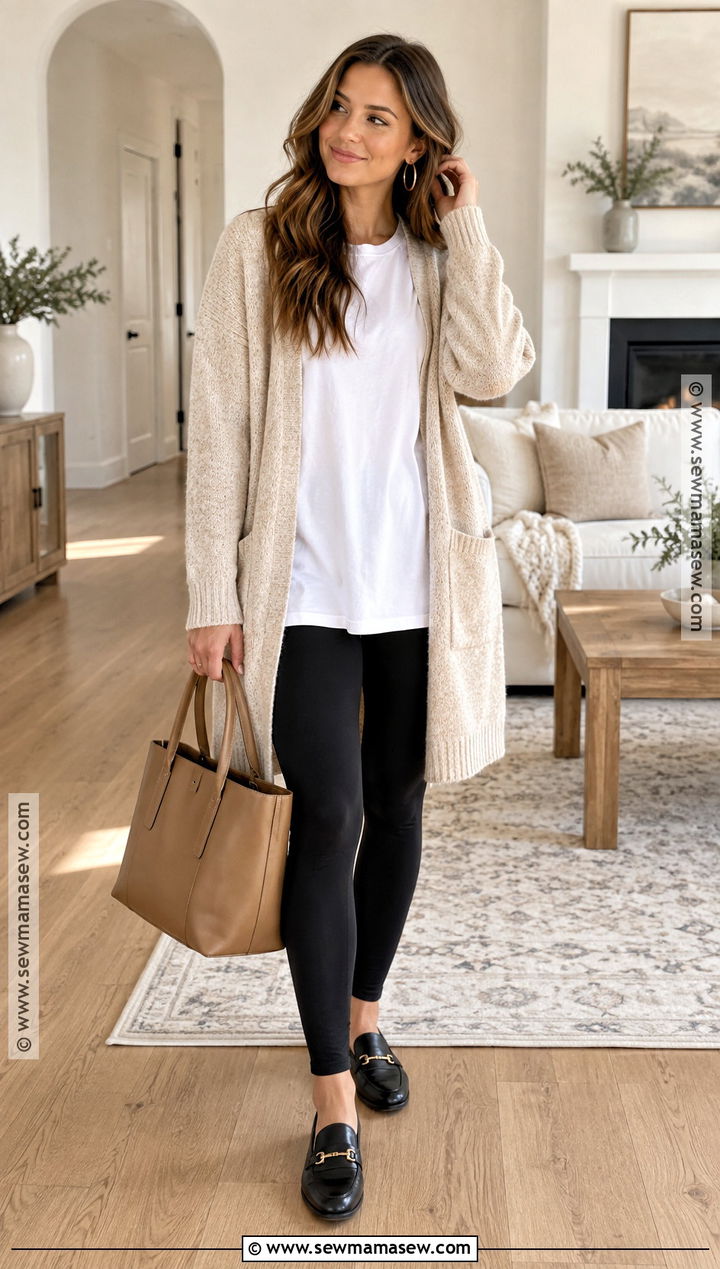 Thanksgiving Outfit With Cardigan And Black Leggings - 25 Comfortable Thanksgiving Outfit Ideas