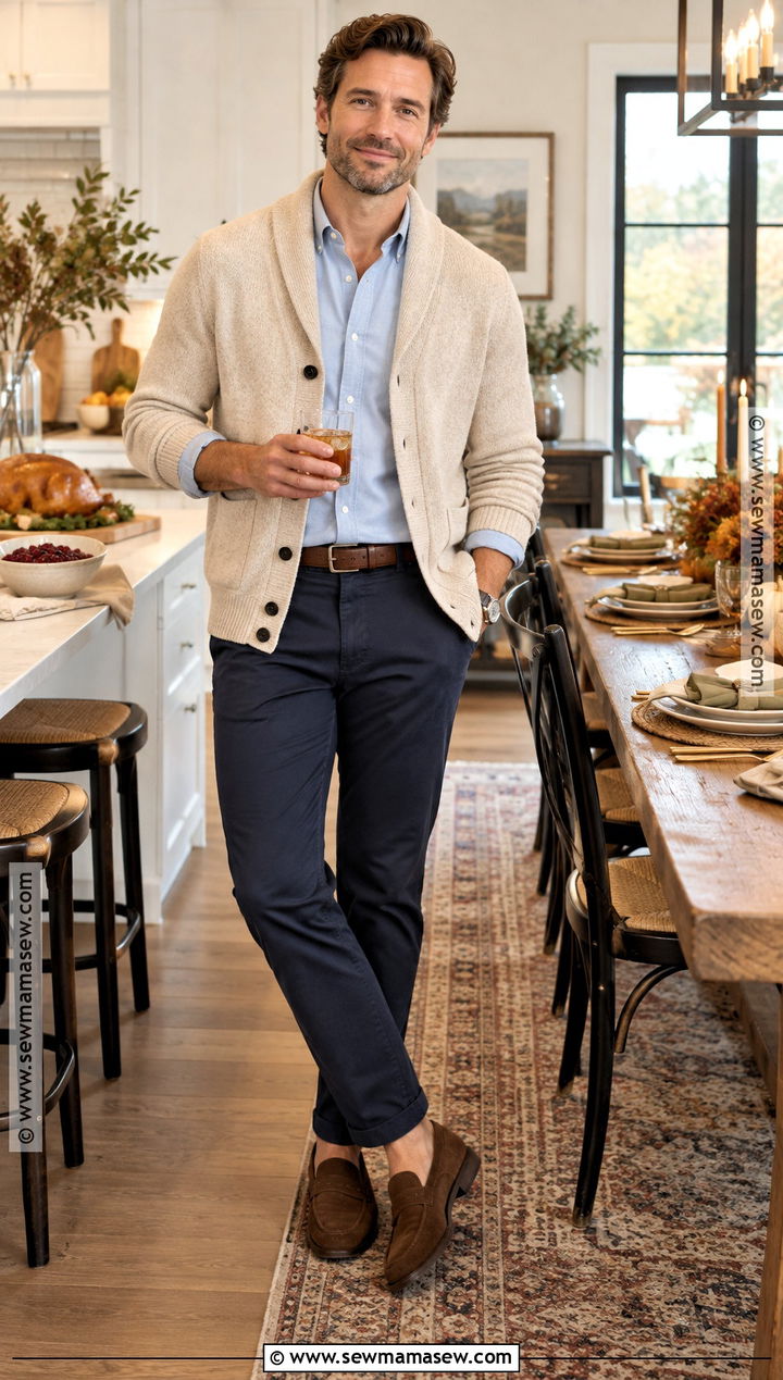 Thanksgiving Outfit With Cardigan and Oxford Shirt - 20 thanksgiving outfits for men