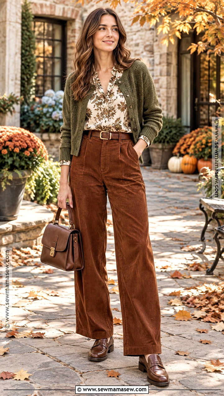 Thanksgiving Outfit With Corduroy Pants And Printed Blouse - 20 thanksgiving day outfits