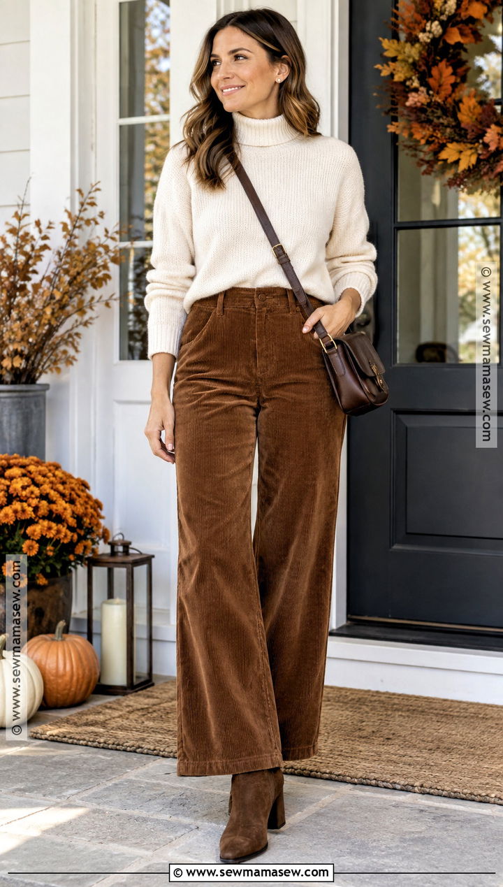 Thanksgiving Outfit With Corduroy Pants And Turtleneck - 25 Comfortable Thanksgiving Outfit Ideas