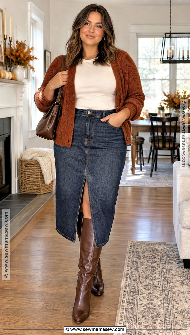 Thanksgiving Outfit With Denim Midi Skirt And Cardigan - 25 Comfortable Thanksgiving Outfit Ideas