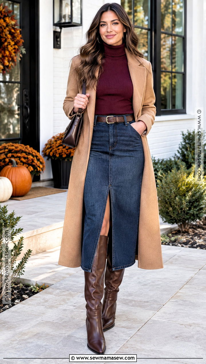 Thanksgiving Outfit With Denim Midi Skirt And Turtleneck - 20 thanksgiving day outfits