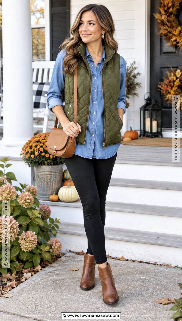 Thanksgiving Outfit With Denim Shirt And Quilted Vest - 15 thanksgiving outfits women casual leggings