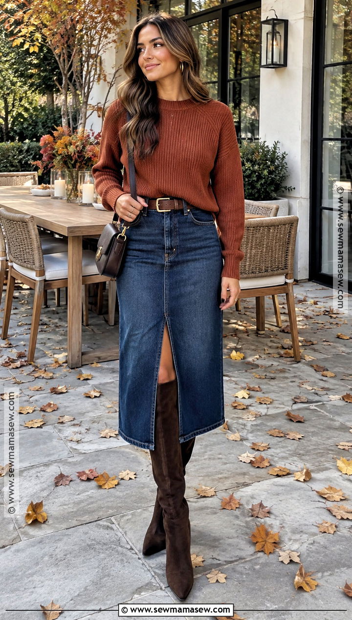 Thanksgiving Outfit With Denim Skirt And Tall Boots - 25 thanksgiving outfit ideas for women