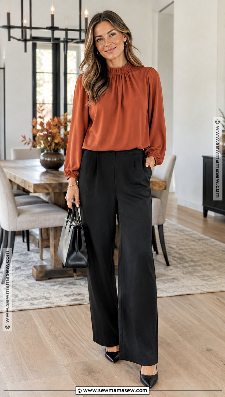 Thanksgiving Outfit With Draped Blouse And Pull On Pants - 20 thanksgiving day outfits