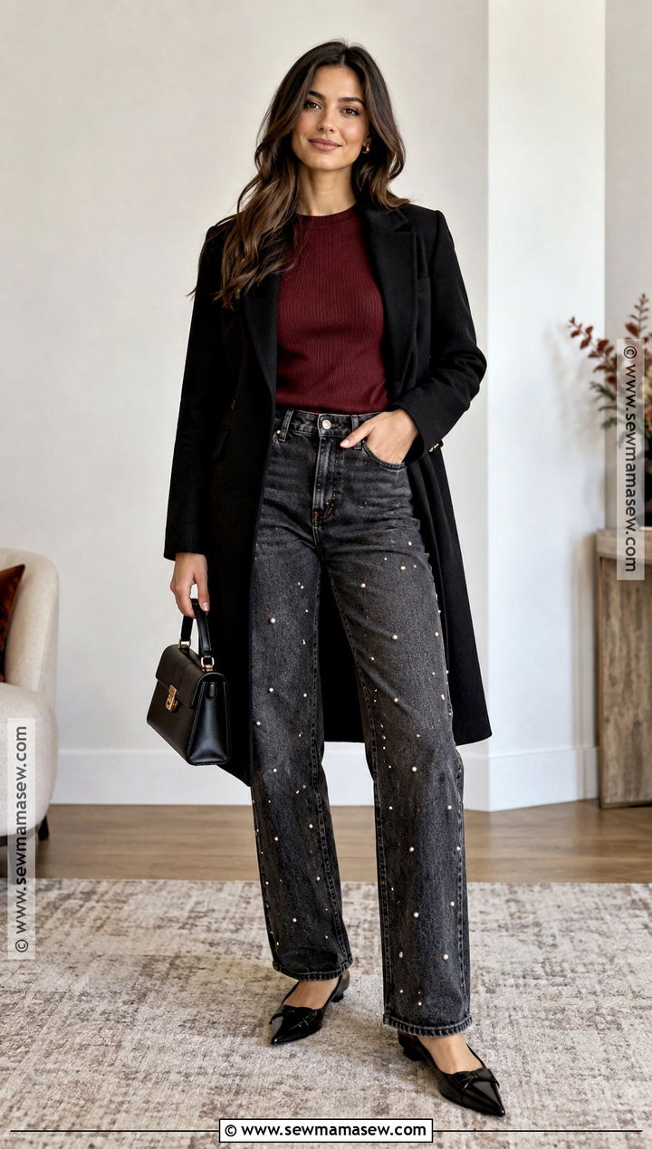 Thanksgiving Outfit With Embellished Jeans And Simple Sweater - 20 Thanksgiving Outfit With Jeans