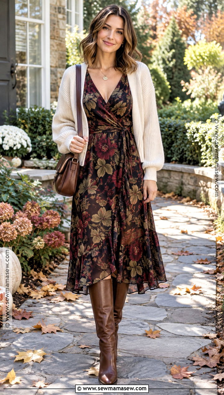 Thanksgiving Outfit With Floral Midi Dress - 20 Thanksgiving Women Outfit Ideas