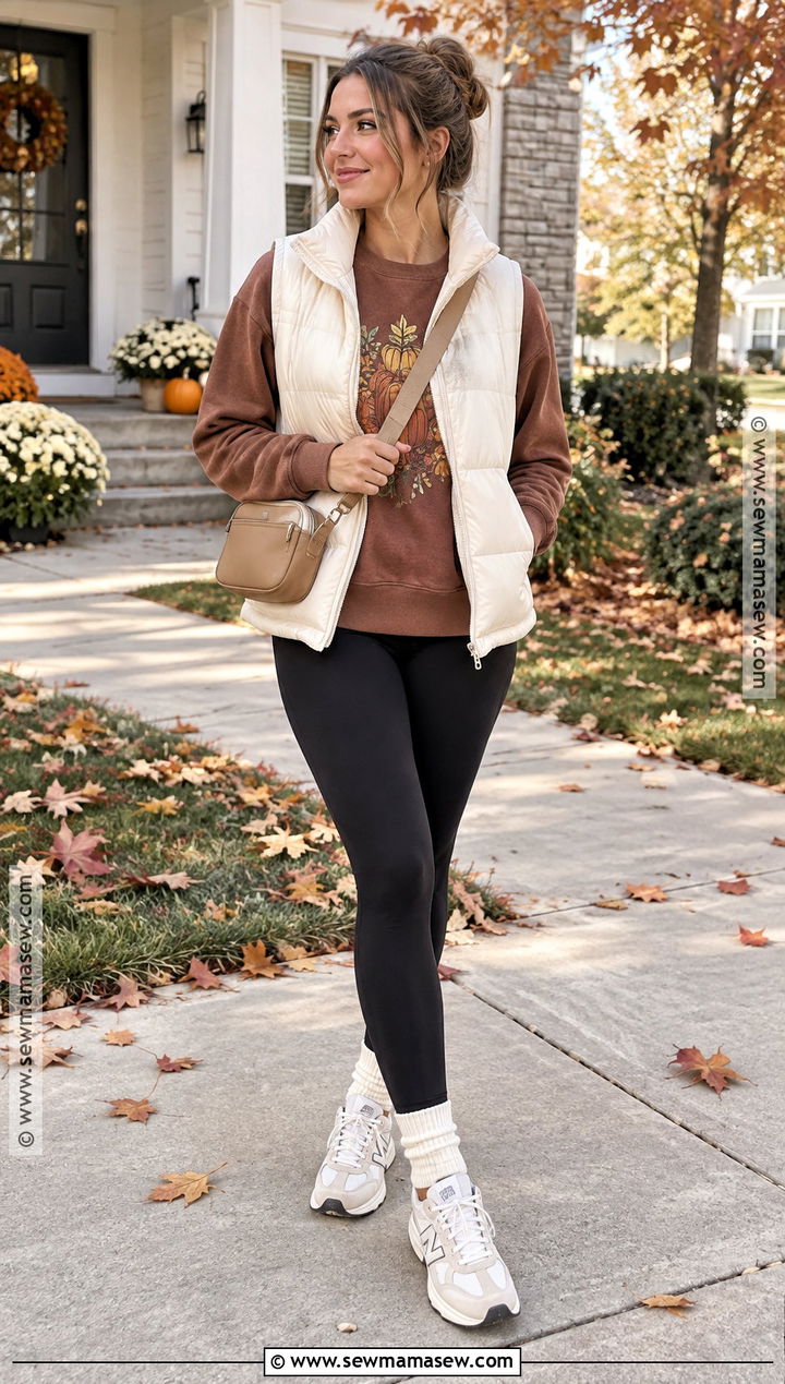 Thanksgiving Outfit With Graphic Sweatshirt And Puffer Vest - 15 thanksgiving outfits women casual leggings
