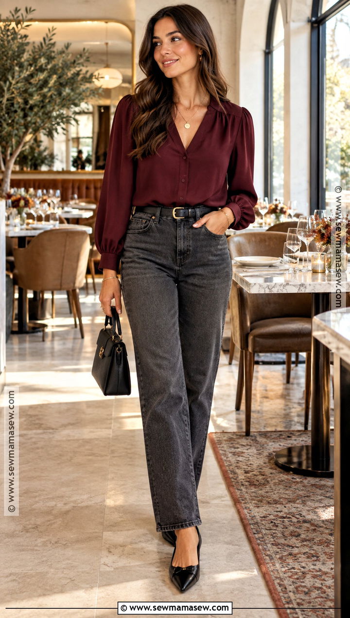 Thanksgiving Outfit With Gray Jeans And Burgundy Blouse - 20 Thanksgiving Outfit With Jeans