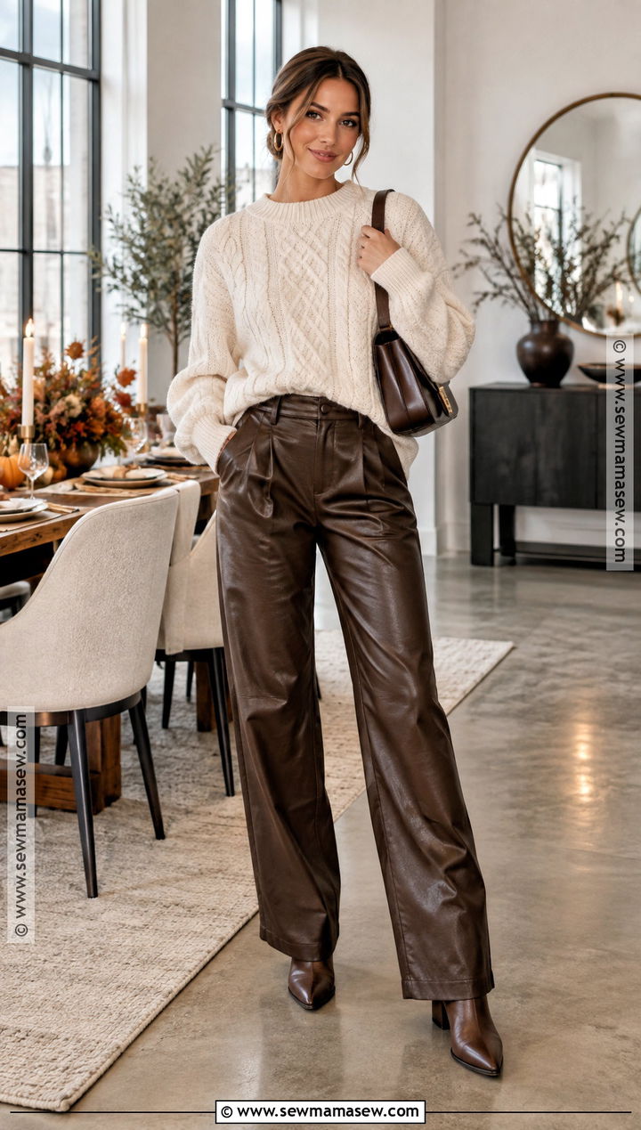 Thanksgiving Outfit With Leather Pants And Sweater - 20 Thanksgiving Women Outfit Ideas