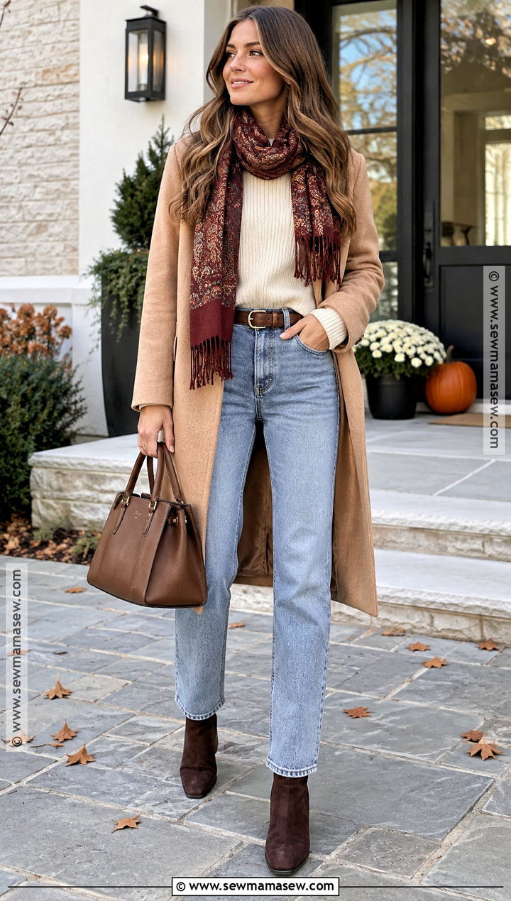 Thanksgiving Outfit With Light Wash Jeans And Camel Coat - 20 Thanksgiving Outfit With Jeans