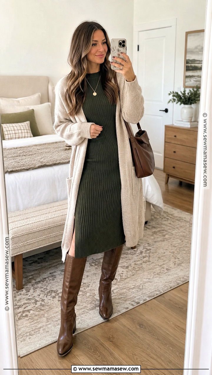 Thanksgiving Outfit With Midi Dress And Cardigan - 20 Thanksgiving Women Outfit Ideas