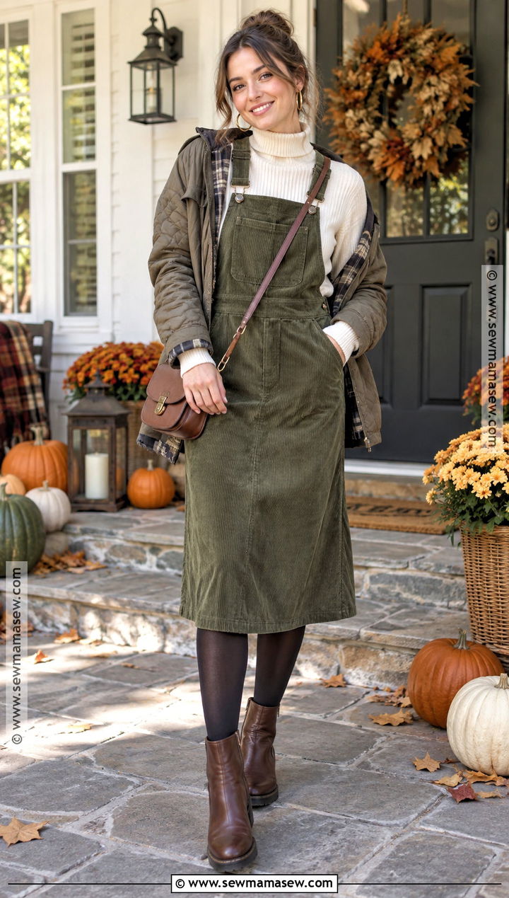 Thanksgiving Outfit With Overall Dress And Turtleneck - 20 Thanksgiving Women Outfit Ideas
