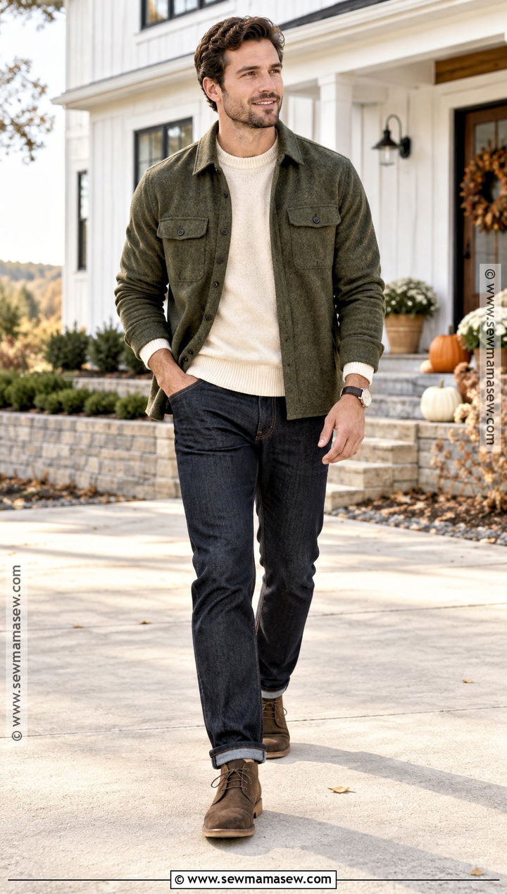 Thanksgiving Outfit With Overshirt and Dark Jeans - 20 thanksgiving outfits for men