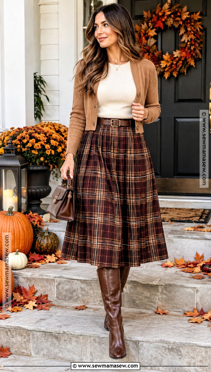 Thanksgiving Outfit With Plaid Midi Skirt And Cardigan - 20 thanksgiving day outfits