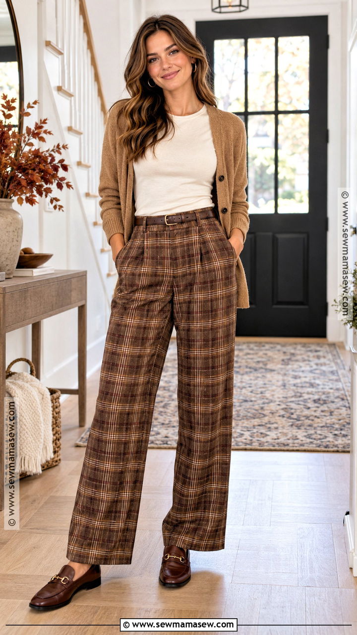 Thanksgiving Outfit With Plaid Pants And Cardigan - 20 Easy Thanksgiving Outfits for Women