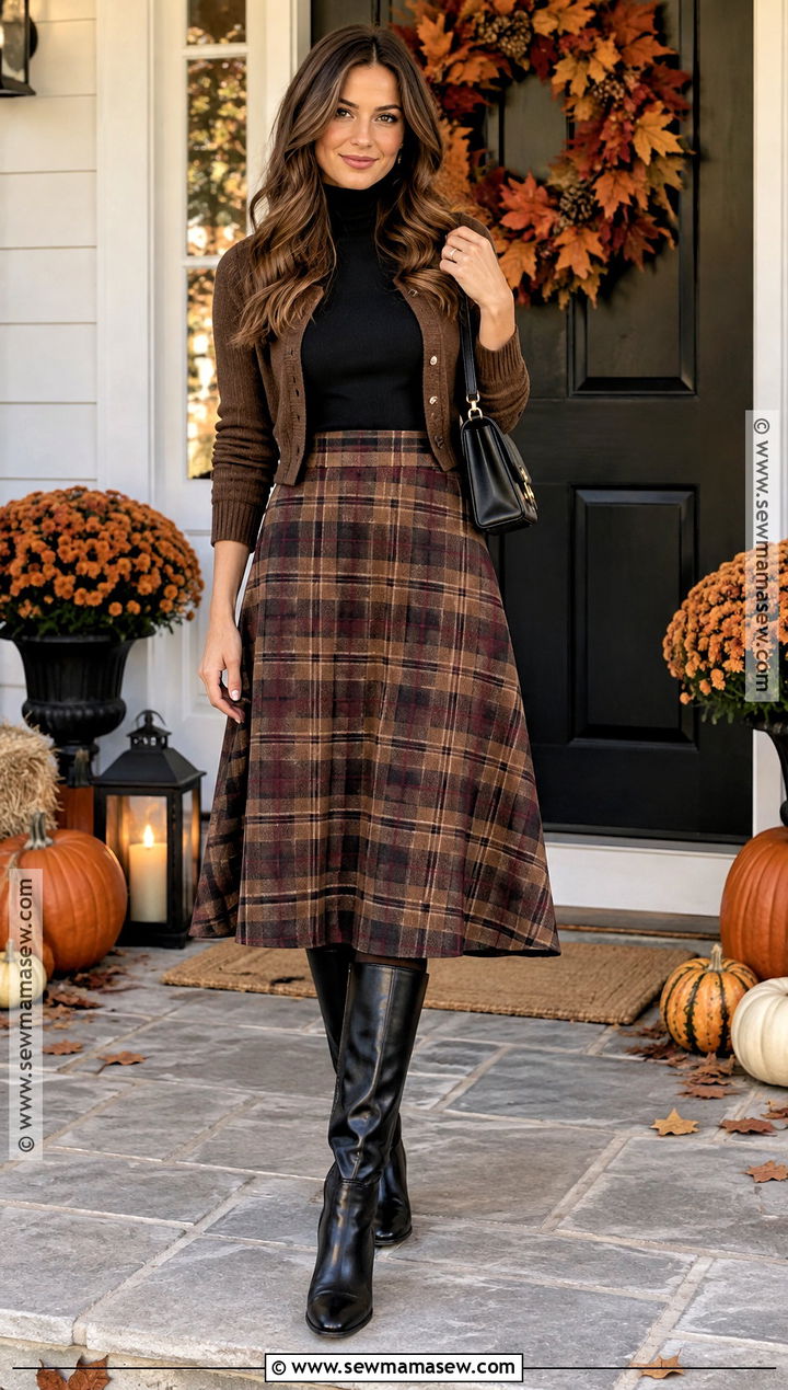 Thanksgiving Outfit With Plaid Skirt And Turtleneck - 20 Thanksgiving Women Outfit Ideas