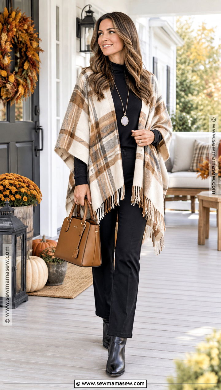 Thanksgiving Outfit With Poncho And Ponte Pants - 25 Comfortable Thanksgiving Outfit Ideas