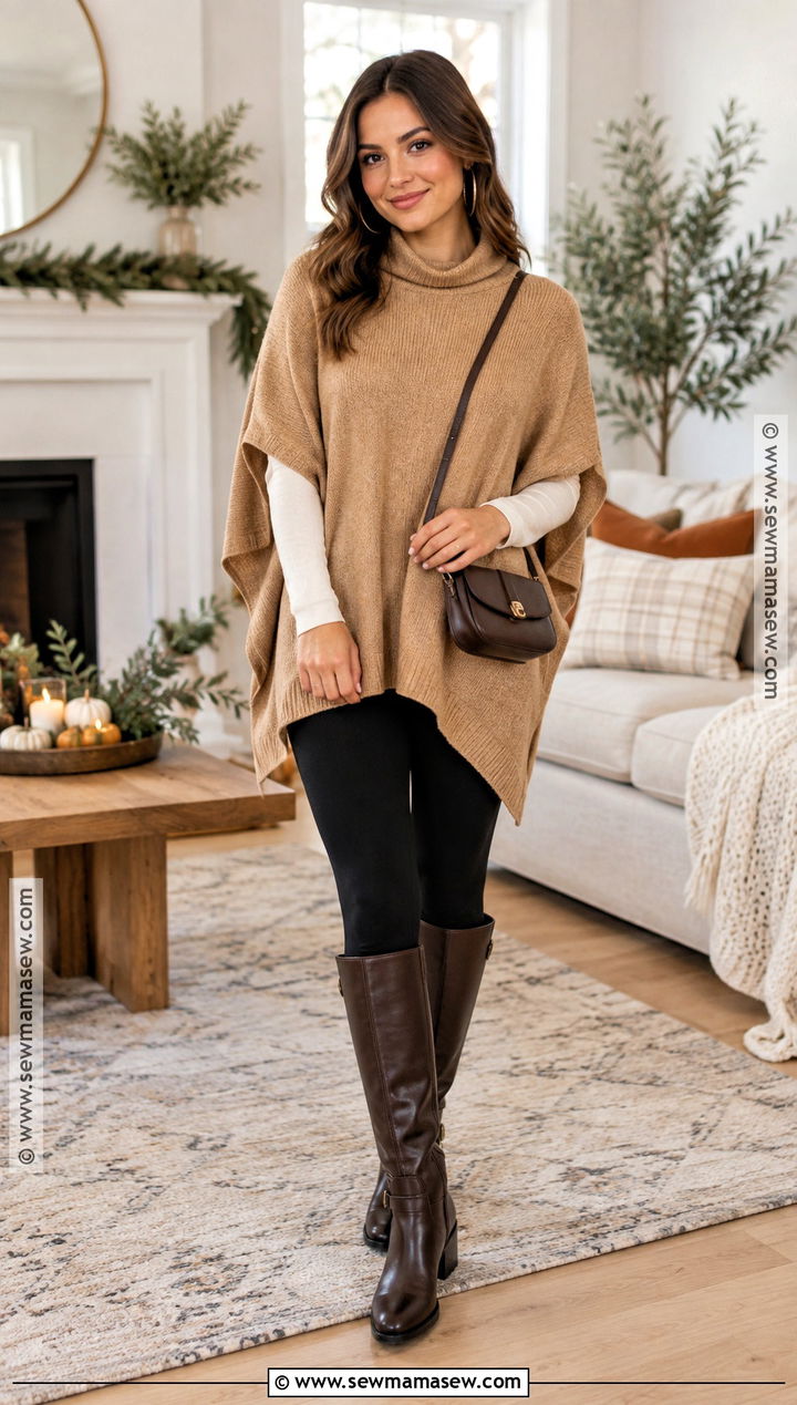 Thanksgiving Outfit With Poncho Sweater And Leggings - 15 thanksgiving outfits women casual leggings