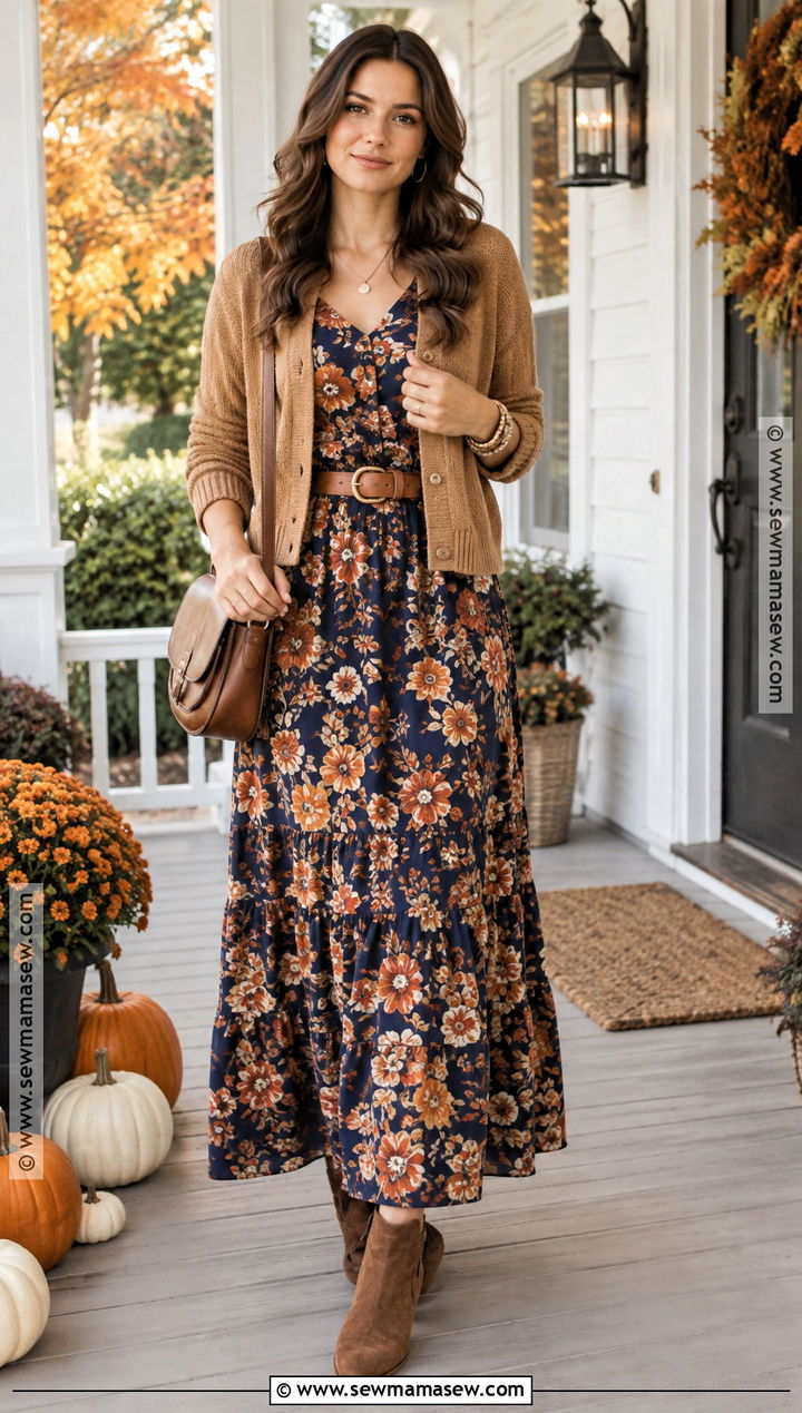Thanksgiving Outfit With Printed Maxi Dress And Ankle Boots - 20 thanksgiving day outfits