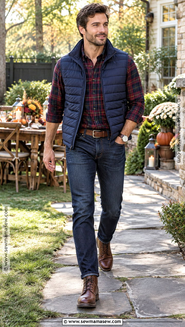 Thanksgiving Outfit With Puffer Vest and Flannel Shirt - 20 thanksgiving outfits for men