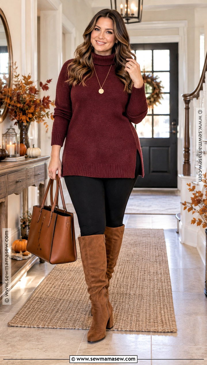 Thanksgiving Outfit With Tunic Sweater And Knee High Boots - 15 thanksgiving outfits women casual leggings