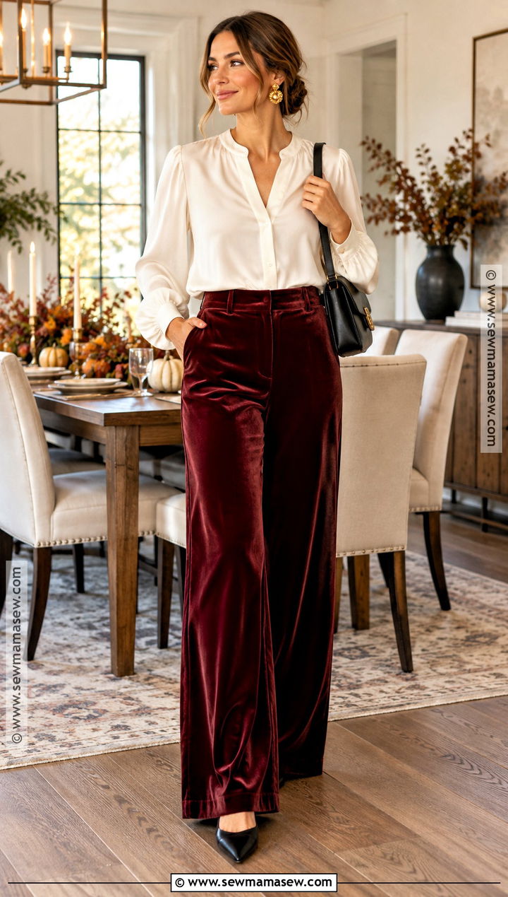Thanksgiving Outfit With Velvet Pants And Blouse - 25 Comfortable Thanksgiving Outfit Ideas