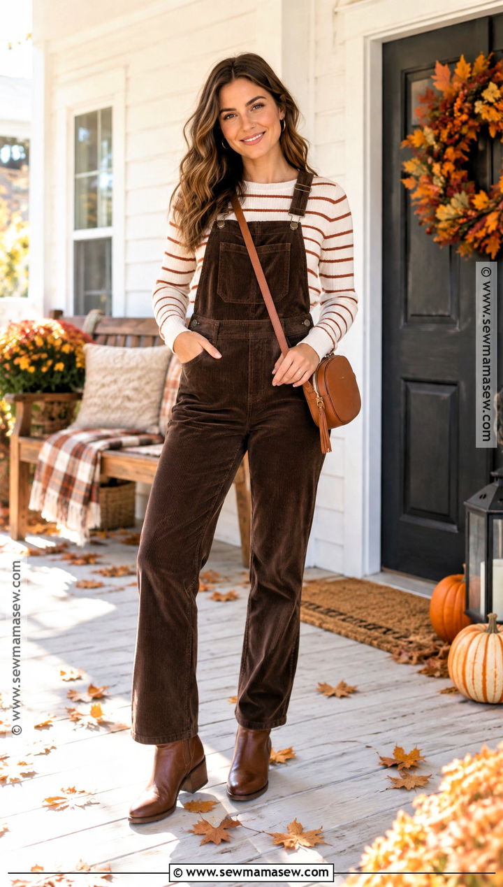 Thanksgiving Overalls And Striped Sweater Outfit - 20 cute outfit for thanksgiving ideas