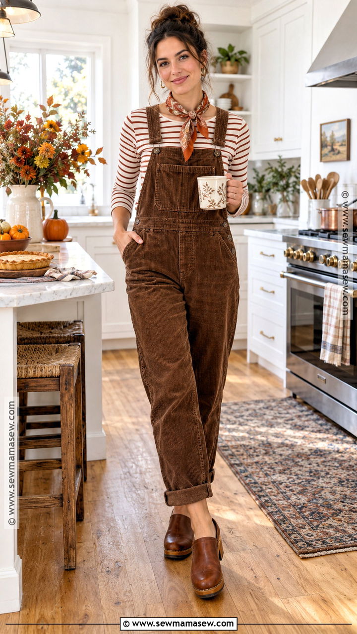 Thanksgiving Overalls With Striped Tee - 20 Comfortable Thanksgiving Outfits for Women