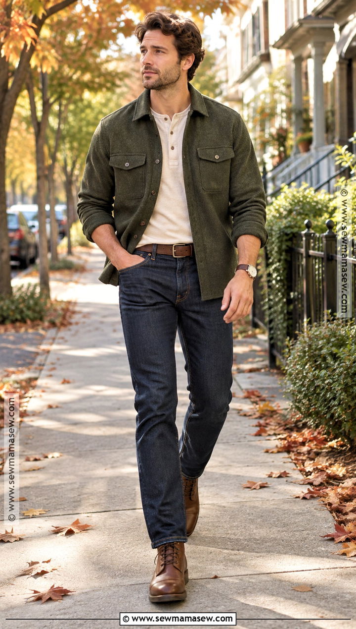 Thanksgiving Overshirt Outfit With Dark Jeans - 15 Thanksgiving Outfit Men Fall Ideas