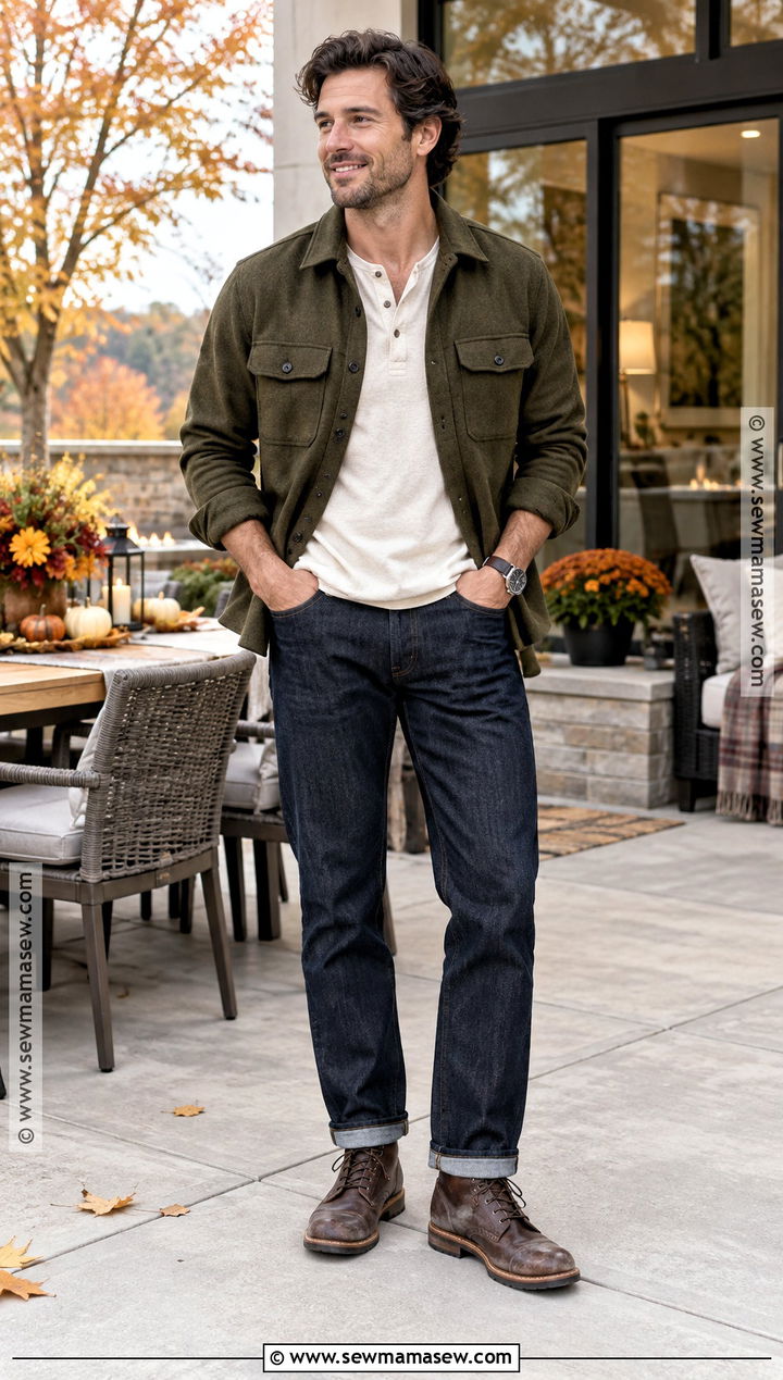 Thanksgiving Overshirt With Henley And Jeans - 15 thanksgiving mens outfit ideas
