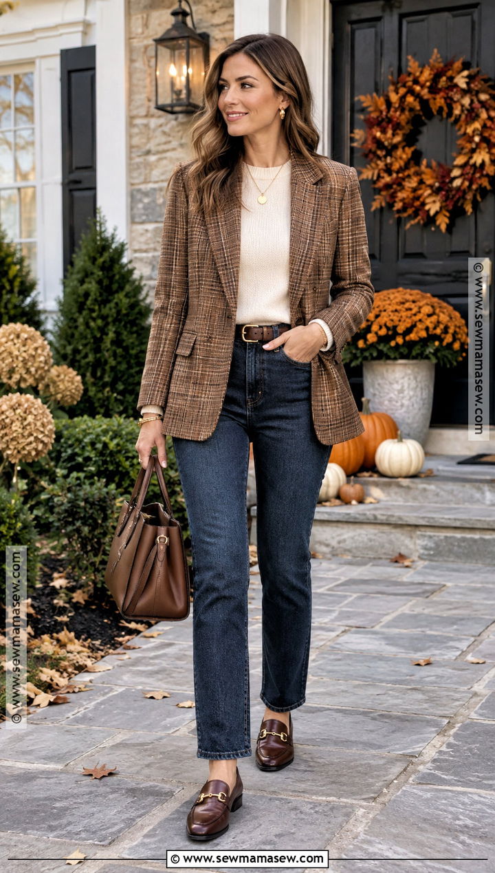 Thanksgiving Plaid Blazer And Straight Leg Jeans - 20 fall outfits thanksgiving
