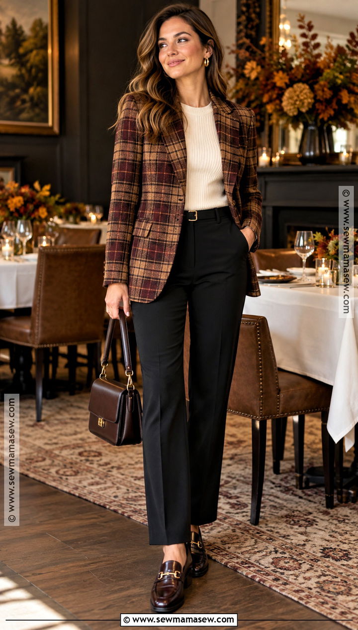 Thanksgiving Plaid Blazer And Stretch Trousers Outfit - 15 cute and comfy thanksgiving outfits