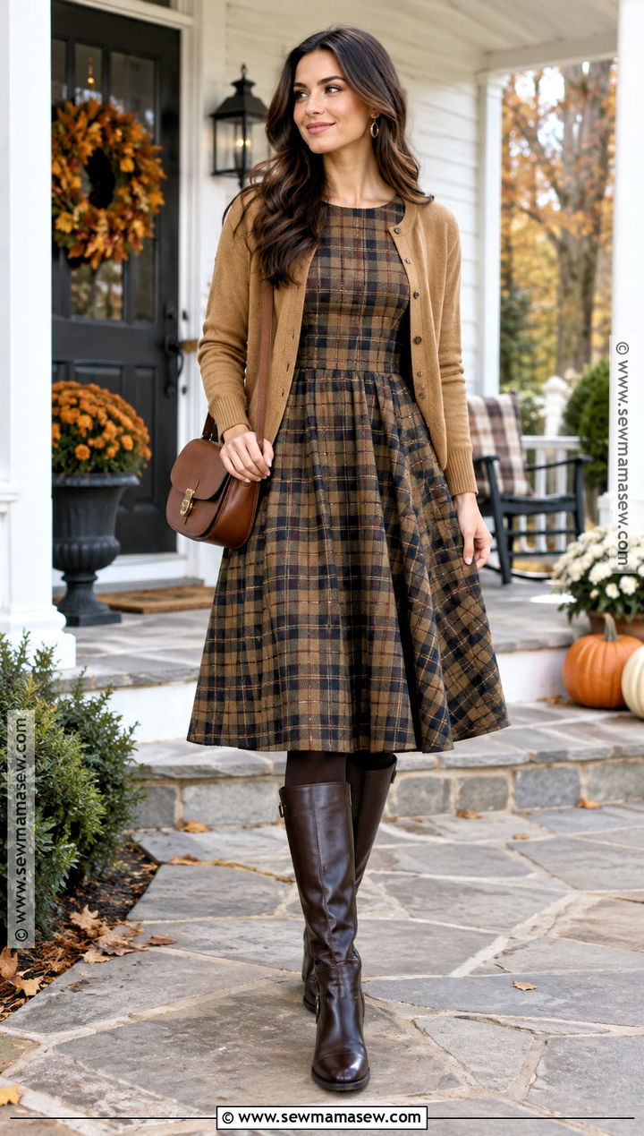 Thanksgiving Plaid Dress With Riding Boots - 15 dress thanksgiving outfit ideas