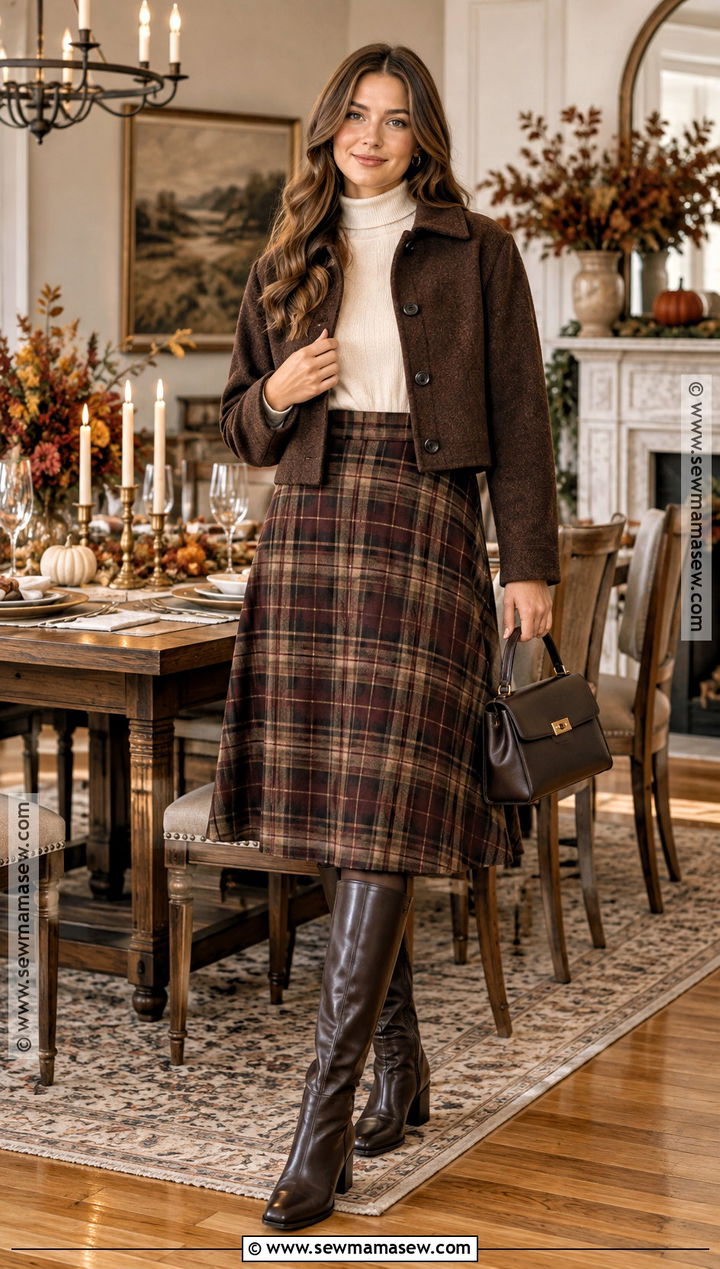 Thanksgiving Plaid Midi Skirt And Fitted Sweater Outfit - 30 thanksgiving outfit ideas