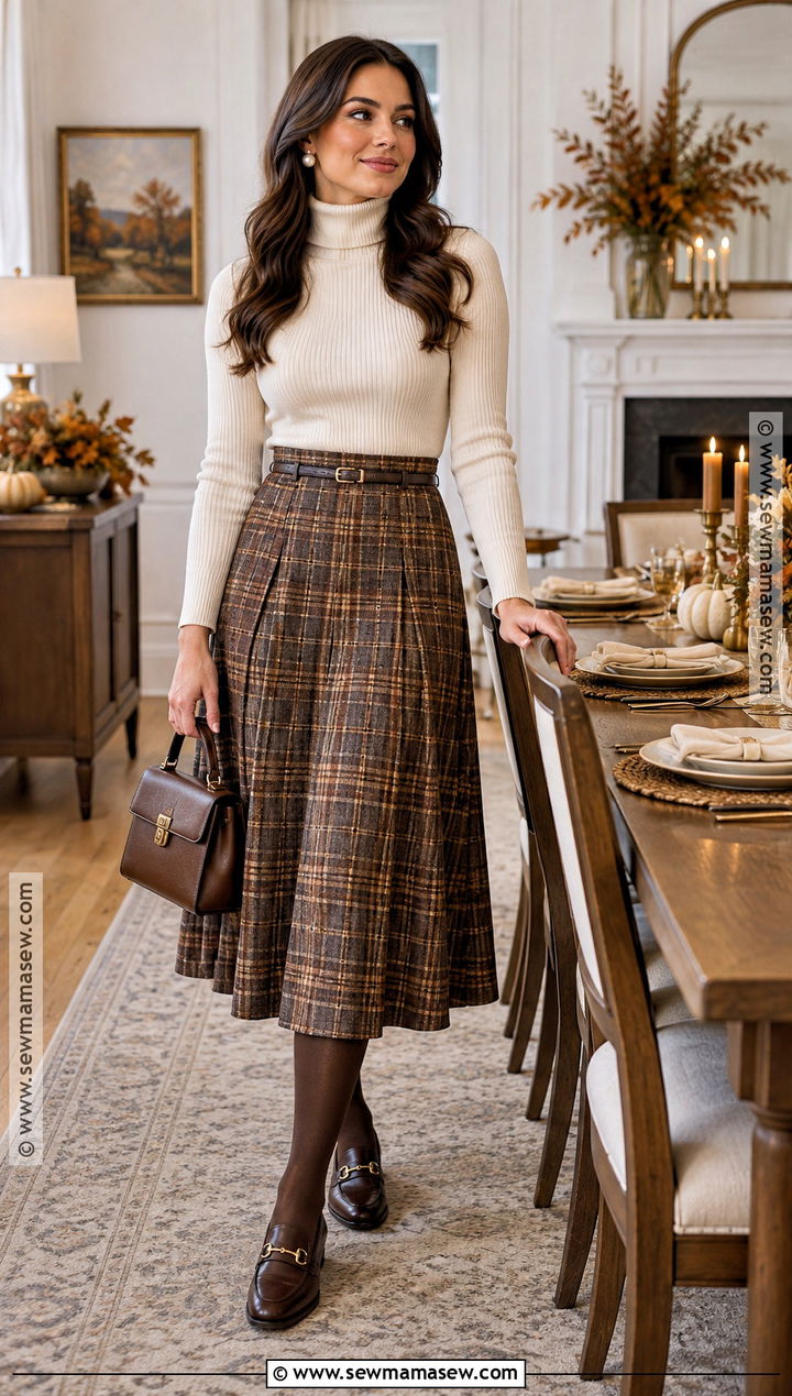 Thanksgiving Plaid Midi Skirt And Turtleneck Outfit - 20 Thanksgiving Dinner Outfit Ideas