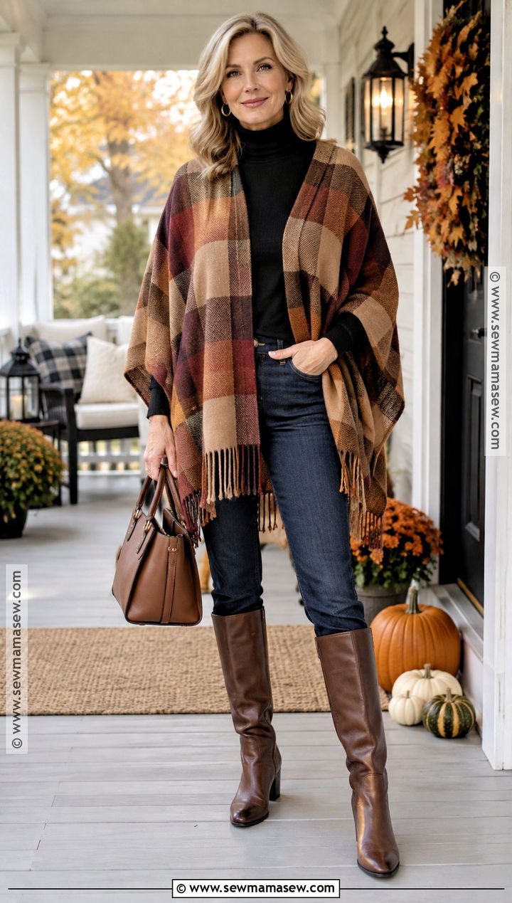 Thanksgiving Plaid Poncho And Straight Jeans Outfit - 20 Thanksgiving Outfits Jeans