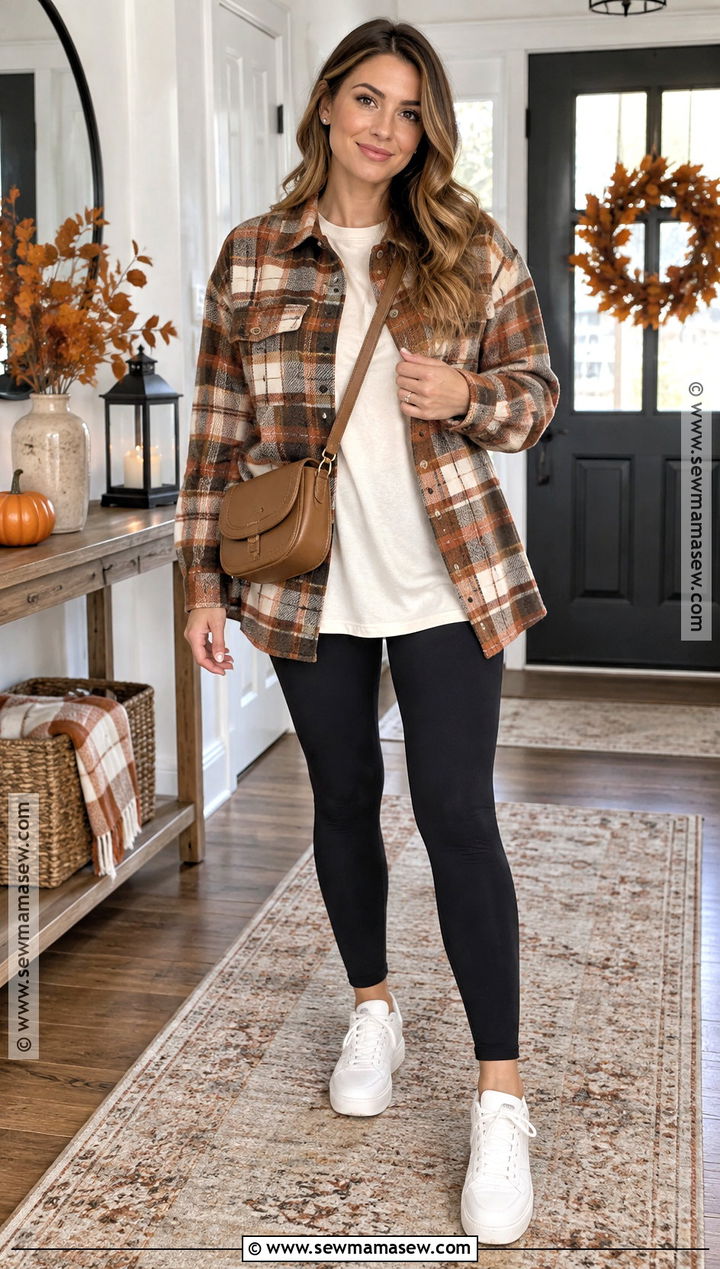 Thanksgiving Plaid Shacket And Leggings Outfit - 20 cute thanksgiving outfits for women