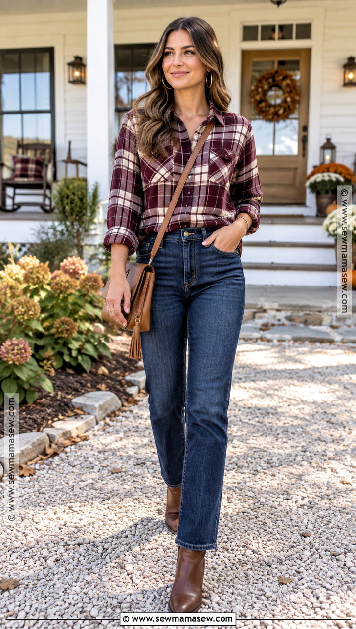 Thanksgiving Plaid Shirt And Straight Leg Jeans Outfit - 20 thanksgiving outfit ideas for women