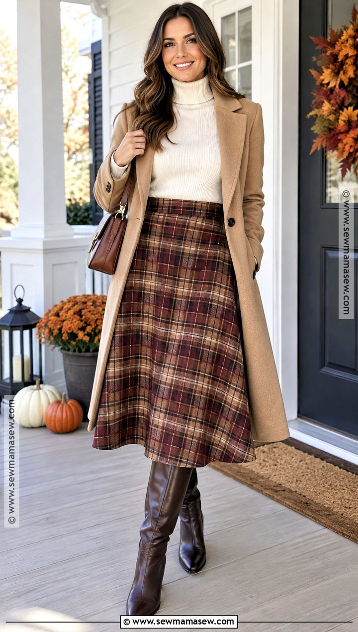 Thanksgiving Plaid Skirt And Turtleneck Outfit - 20 Outfit For Thanksgiving Dinner Ideas