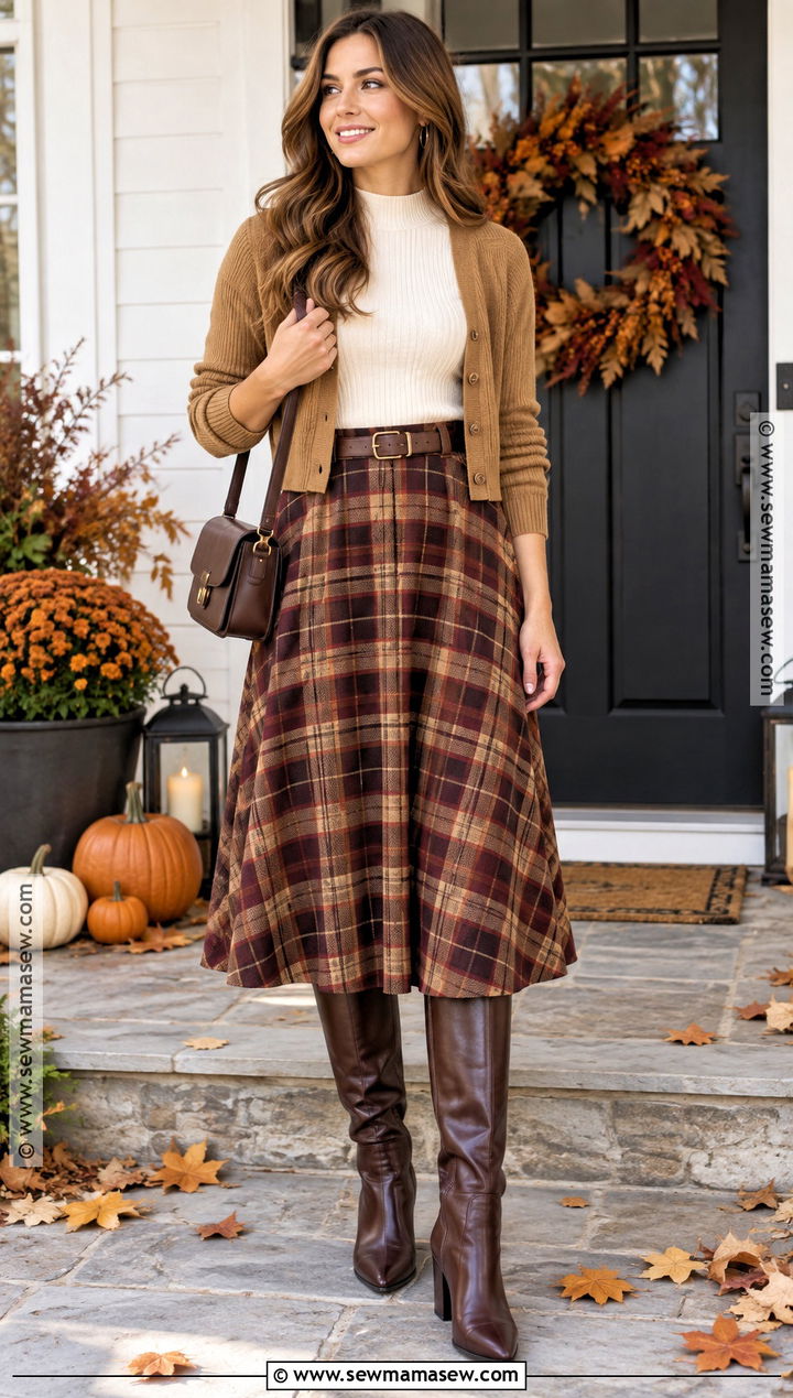 Thanksgiving Plaid Skirt With Mock Neck Top - 15 outfit inspo for thanksgiving ideas