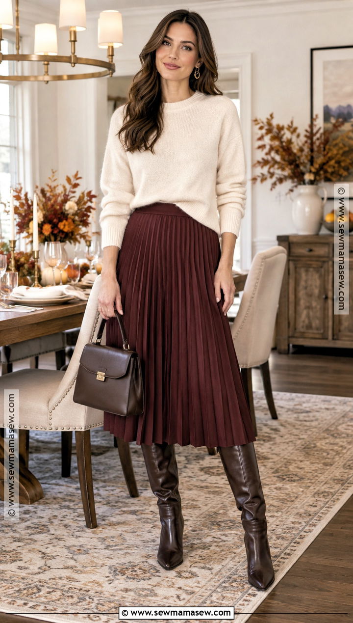 Thanksgiving Pleated Skirt With Sweater And Boots - 20 Thanksgiving Looks