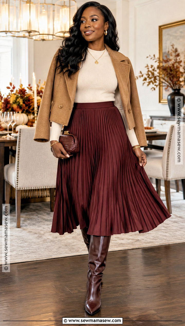Thanksgiving Pleated Skirt and Fitted Sweater Outfit - 25 thanksgiving outfit ideas for black women