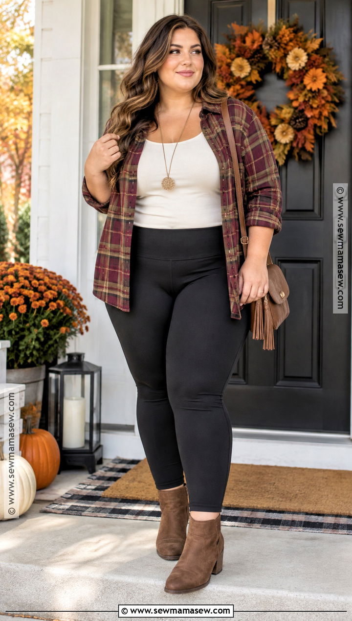 Thanksgiving Plus Size Leggings Outfit With Plaid Shirt - 20 Thanksgiving Outfit Leggings