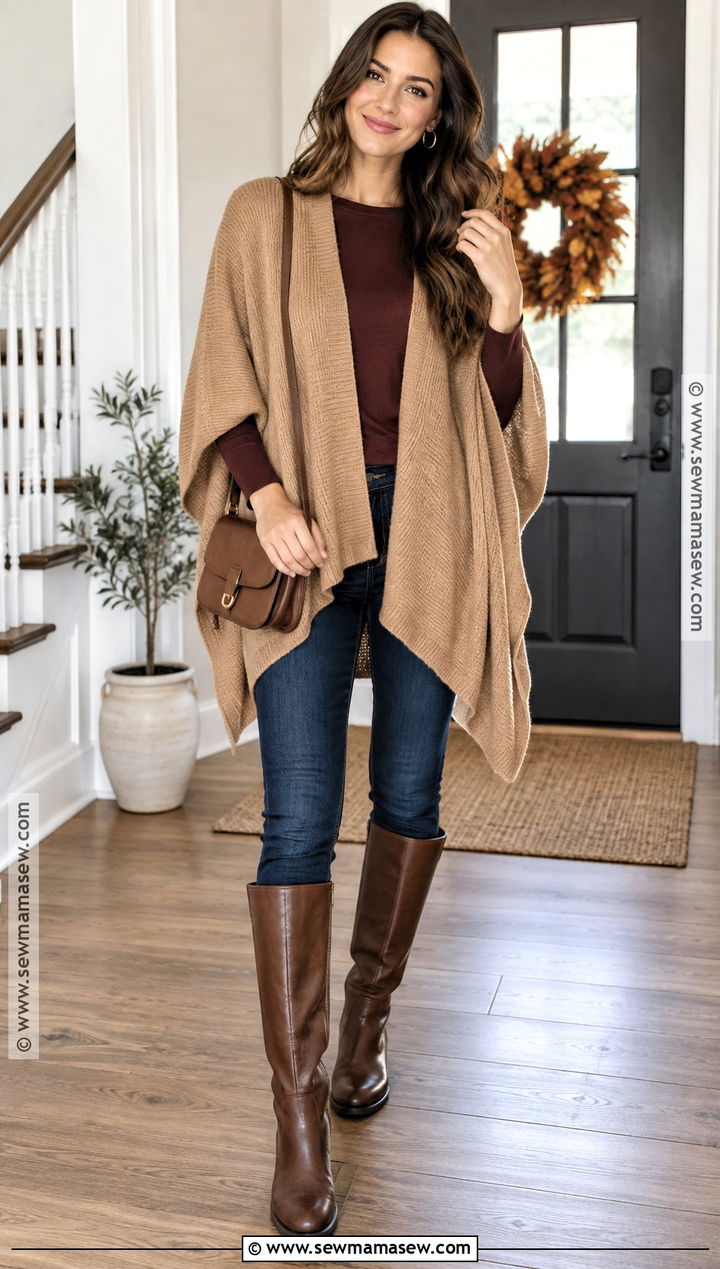 Thanksgiving Poncho And Dark Jeans Outfit - 20 warm thanksgiving outfit ideas
