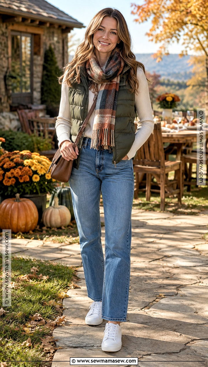 Thanksgiving Puffer Vest And Straight Leg Jeans Outfit - 20 Thanksgiving Outfits Jeans