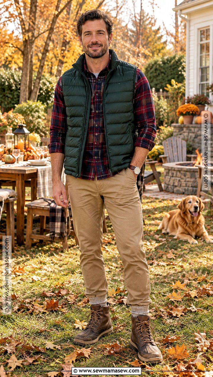 Thanksgiving Puffer Vest With Flannel And Chinos - 15 thanksgiving mens outfit ideas