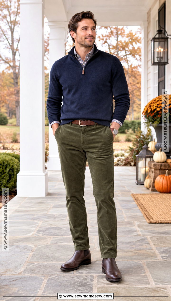 Thanksgiving Quarter Zip Outfit With Corduroy Pants - 15 Thanksgiving Outfit Men Fall Ideas