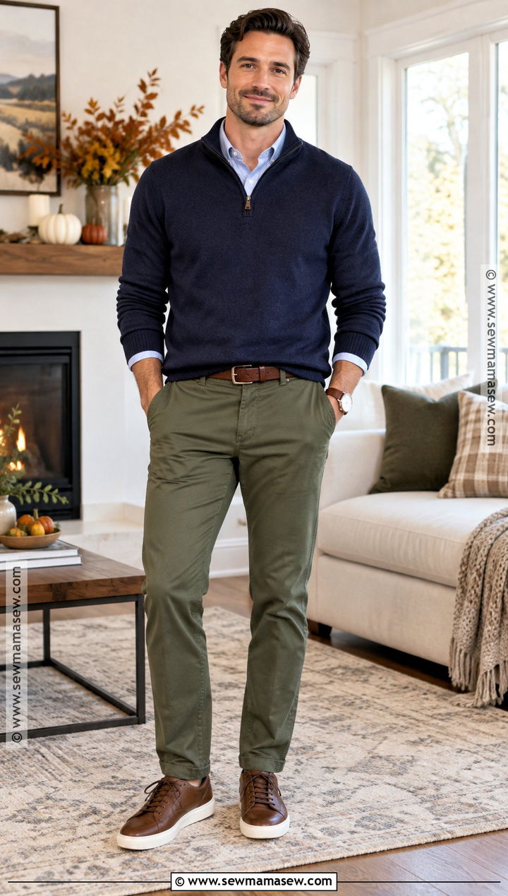 Thanksgiving Quarter Zip Sweater With Chinos - 15 thanksgiving mens outfit ideas